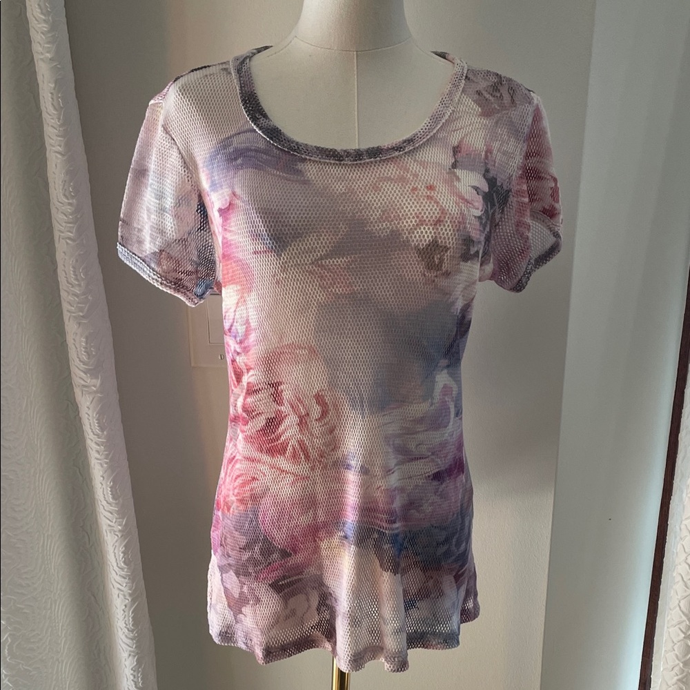 Pilcro Anthropologie NWT Floral Mesh Short Sleeve Top - Pink and Purple Small - Picture 2 of 7